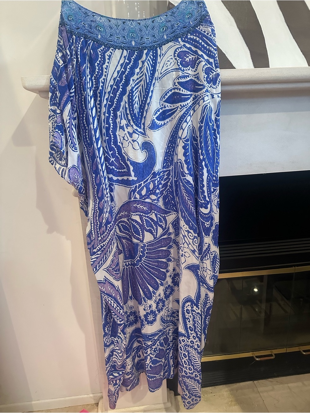 Camilla Blue Paisley kaftan 100% silk with Swarovski beads. Celebrity worn